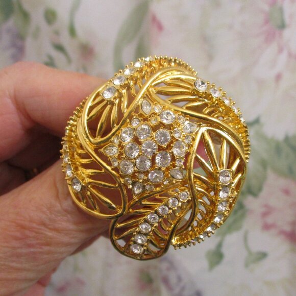 ESTATE STYLE Rhinestone Gold Brooch Earrings Set ~ VINTAGE Gold Plate Rhinestone - Picture 10 of 15